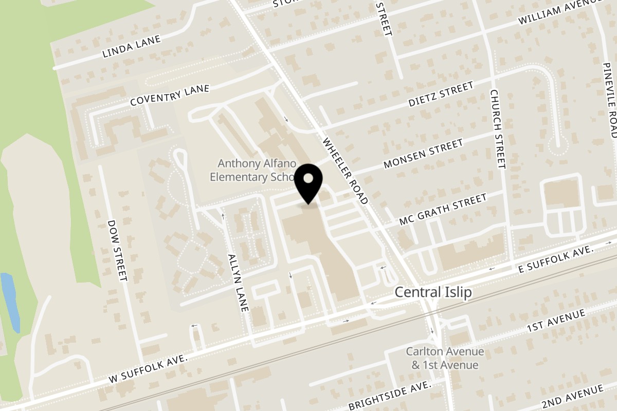 Map showing the location of Central Pizza on 32 Wheeler Rd C in Central Islip